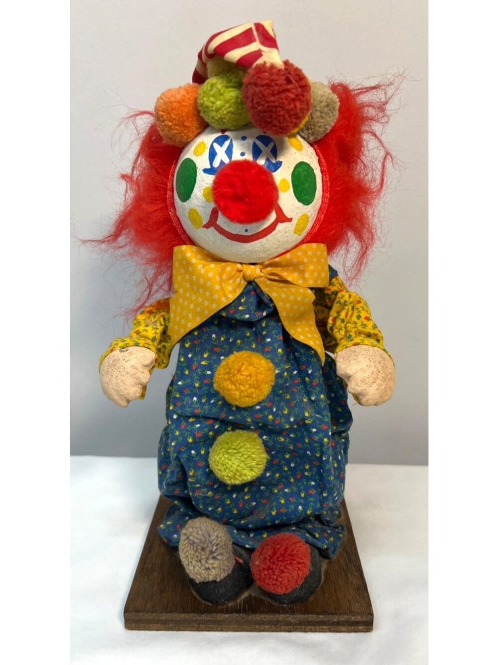 Vintage Paper Mache Face 11” Boy Clown With Red Hair Pom Pom On Wood Stand